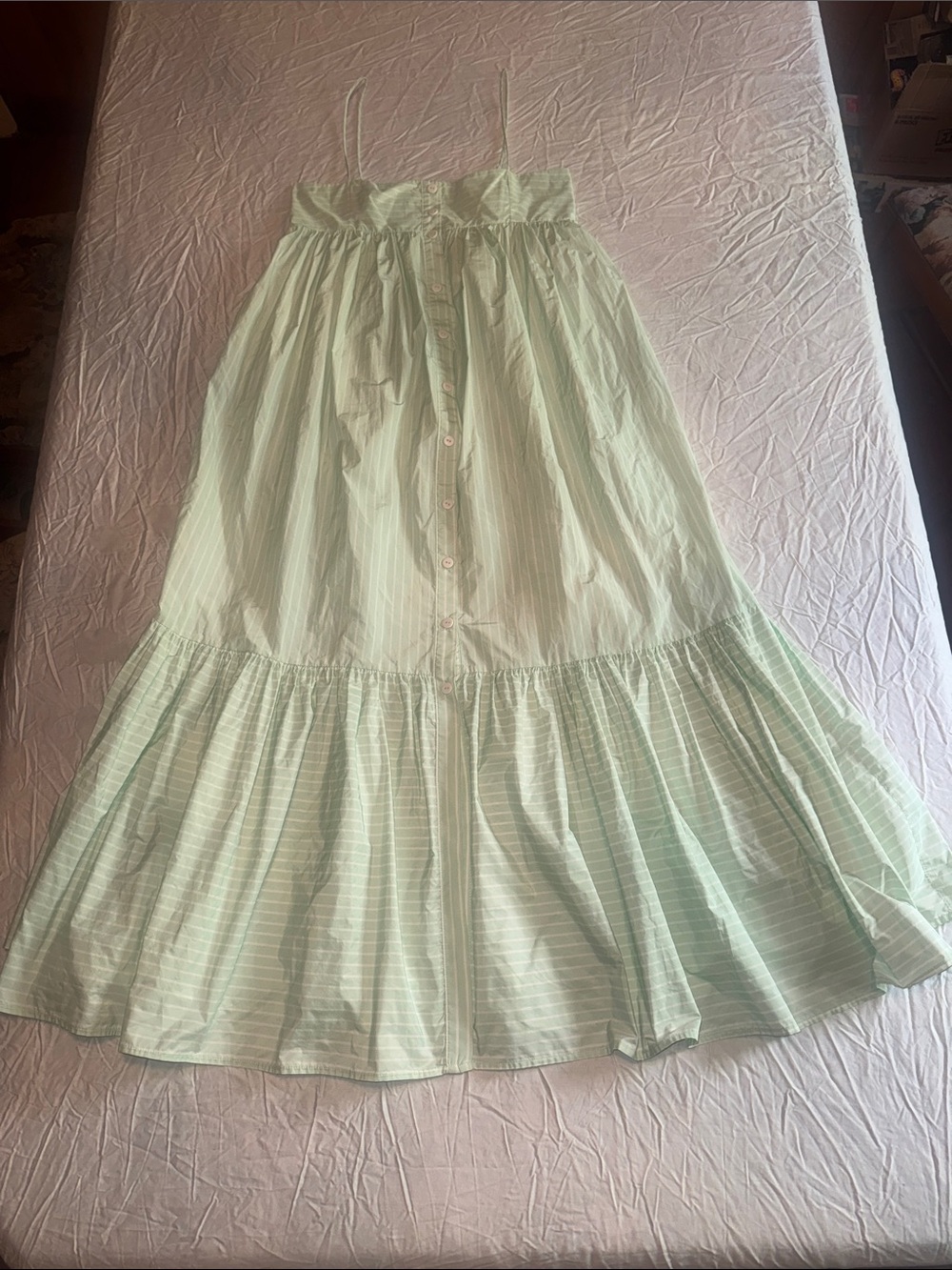 Zara Mint Seafoam Green Striped Button Front Tiered Maxi Dress